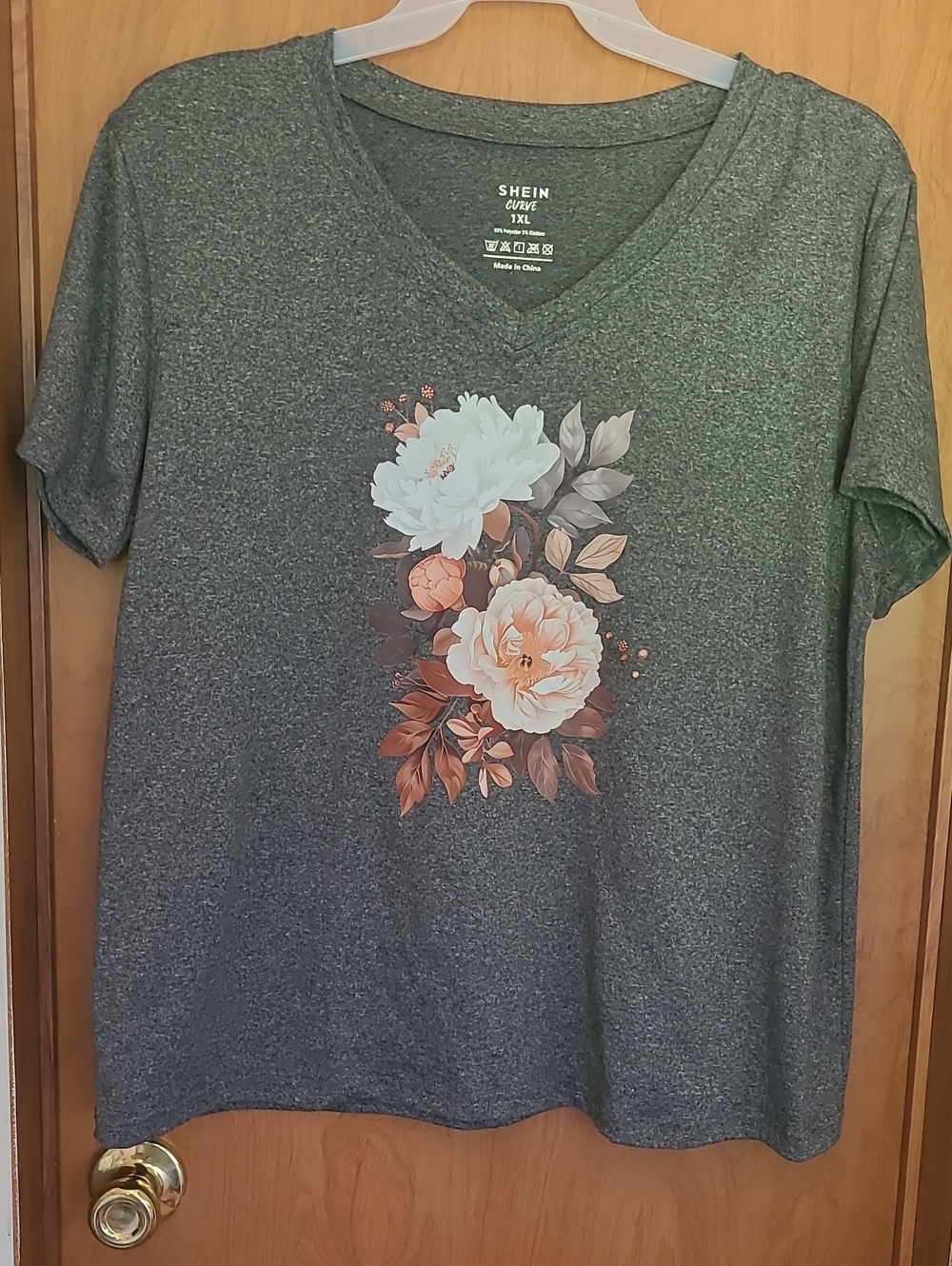 SHEIN Charcoal Gray V-Neck Tee with Peach & White Floral Print